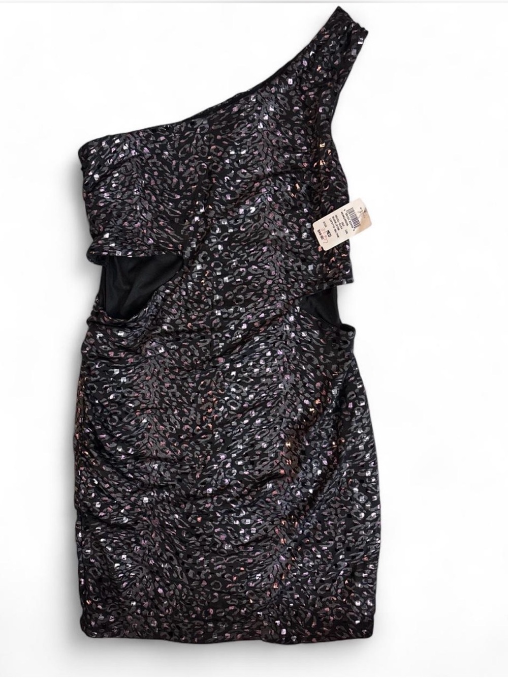 Ruby Rox One-Shoulder Black Metallic Leopard Sheath Dress